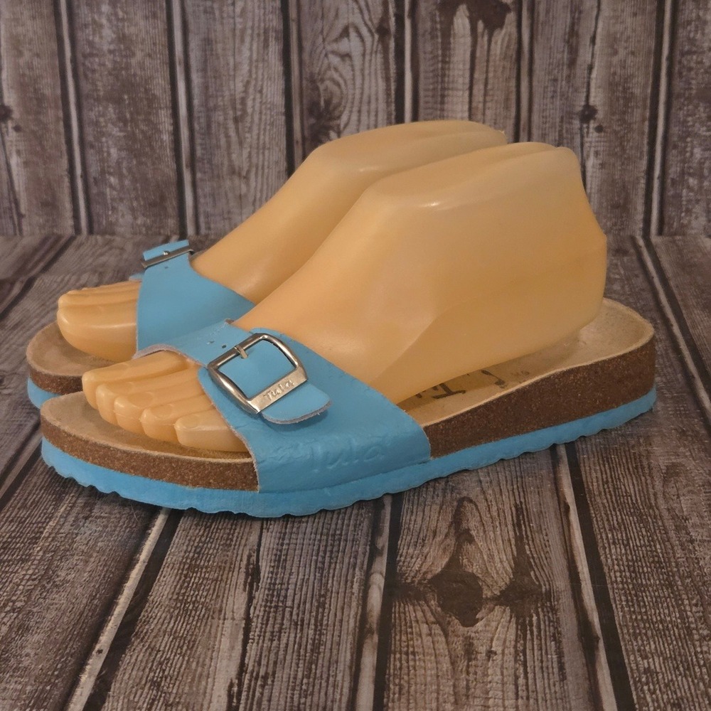 Sz 37.5 / 6.5 Womens Tula by Birkenstock Turquoise Leather Slides Sandals VGUC!